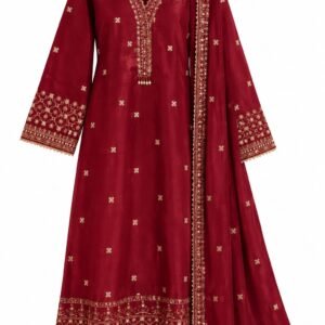 Maroon  Sheesha Silk Frock with Embroidered Chiffon Dupatta