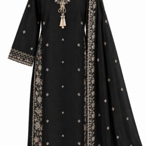 Black Sheesha Silk with Embroidered Chiffon Dupatta