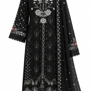 Black 3 piece Chiffon Shirt Multi Head Embroidery with Bamber Chiffon Dupatta